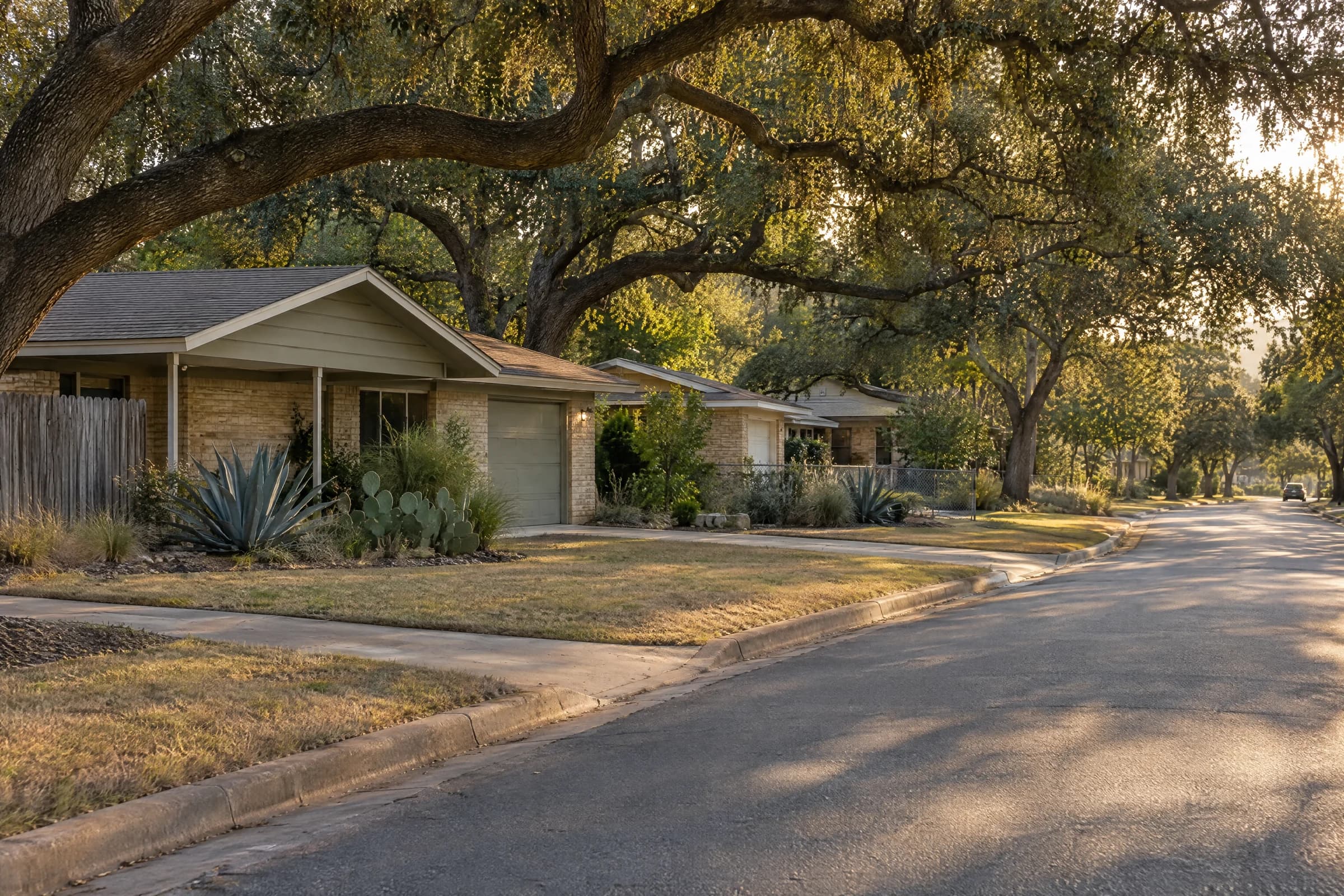 A curving South Austin street of single-story 1970s tan-brick ranch houses with one-car garages, agave and prickly pear in the front beds, under arching live oaks in late-afternoon light