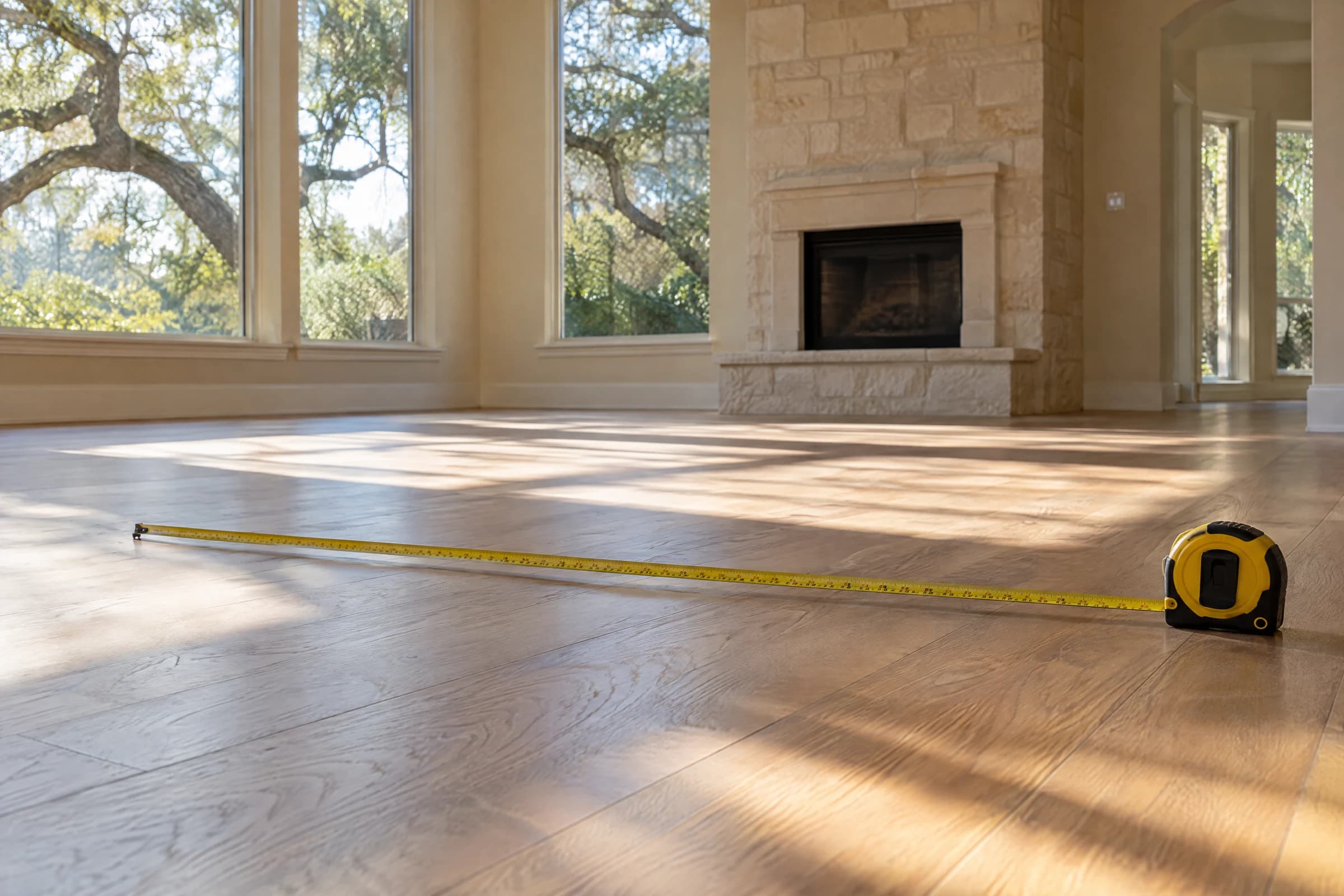 A tape measure stretched across the oak floor of an empty Austin living room in afternoon light, a limestone fireplace behind it, the way price per square foot gets checked at a showing.