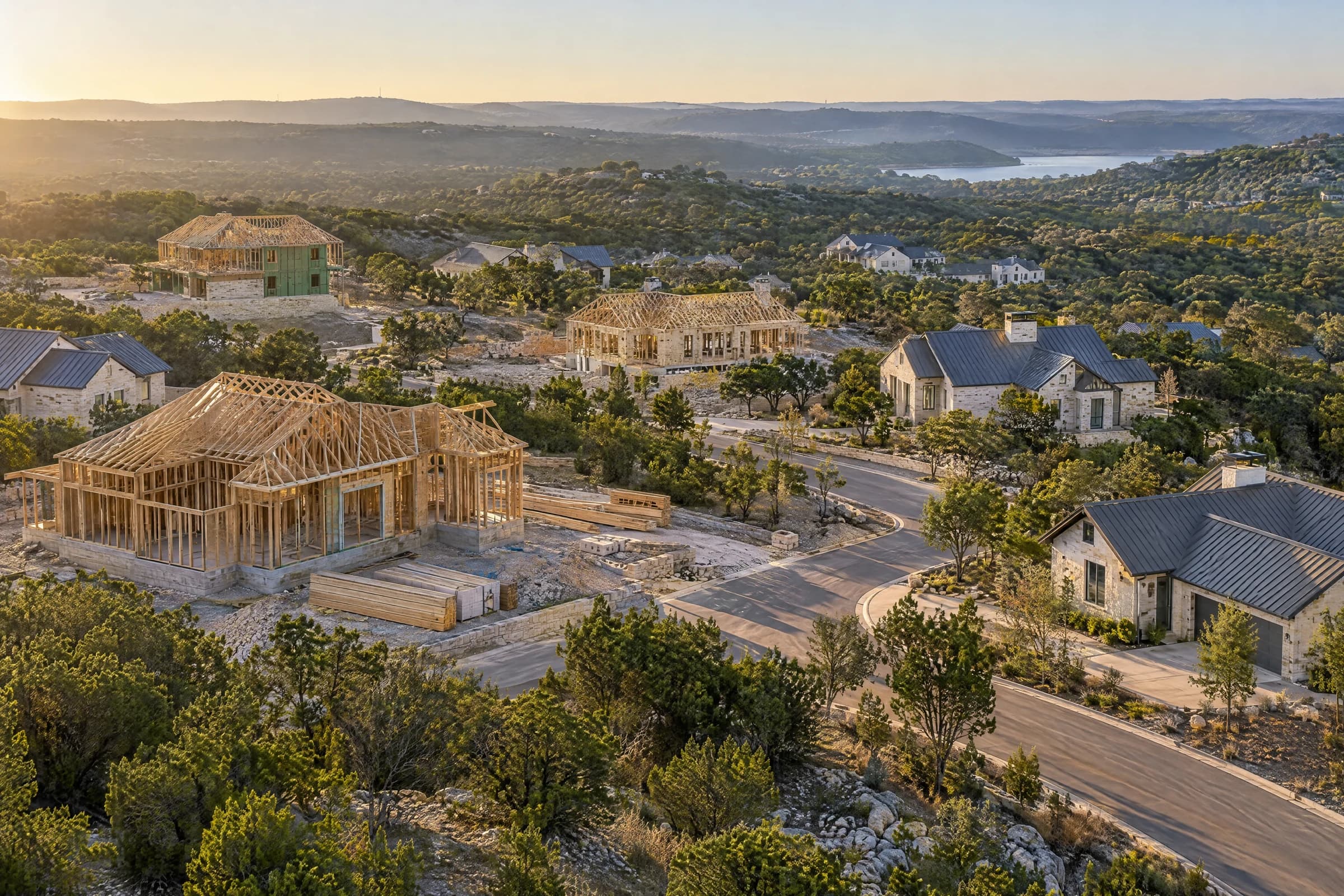 Aerial view of timber-framed houses under construction beside finished limestone homes with standing-seam roofs, on new streets cut through cedar and live oak scrub outside Austin in early morning light