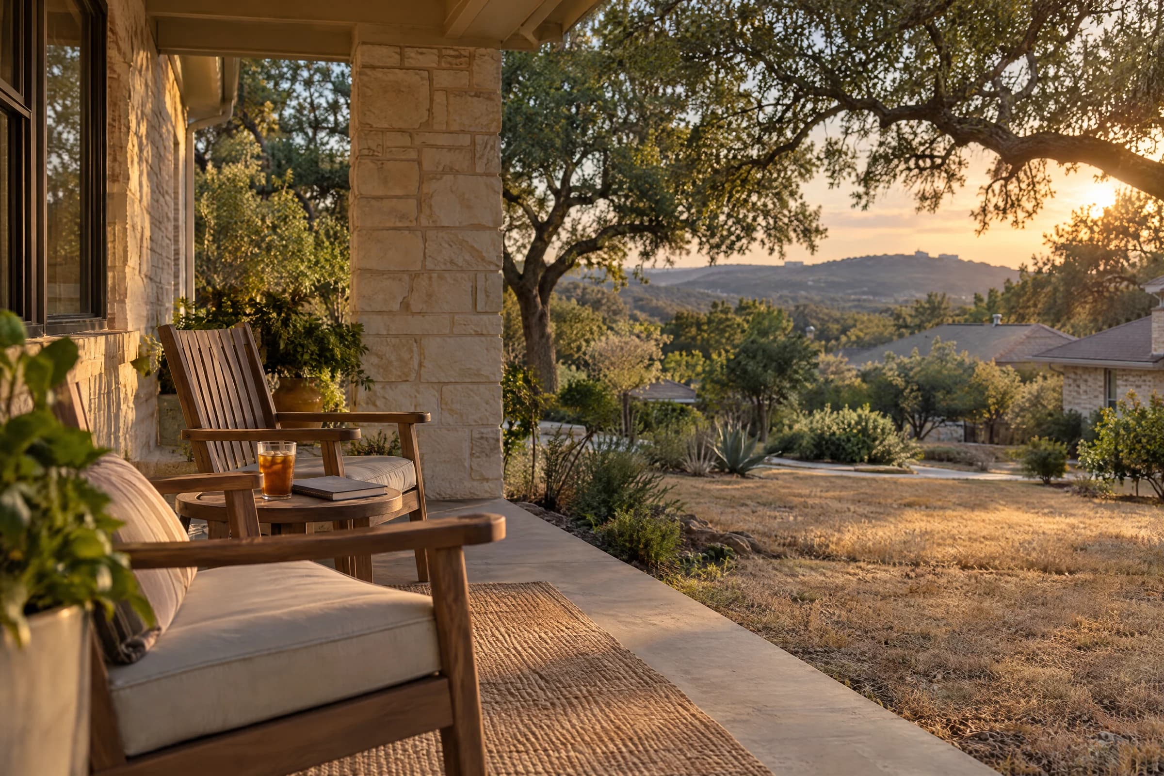 Two empty wooden chairs and a closed notebook on the deep front porch of a limestone-and-brick Austin ranch house at dusk, live oak shade over a dry lawn and a Hill Country ridge beyond
