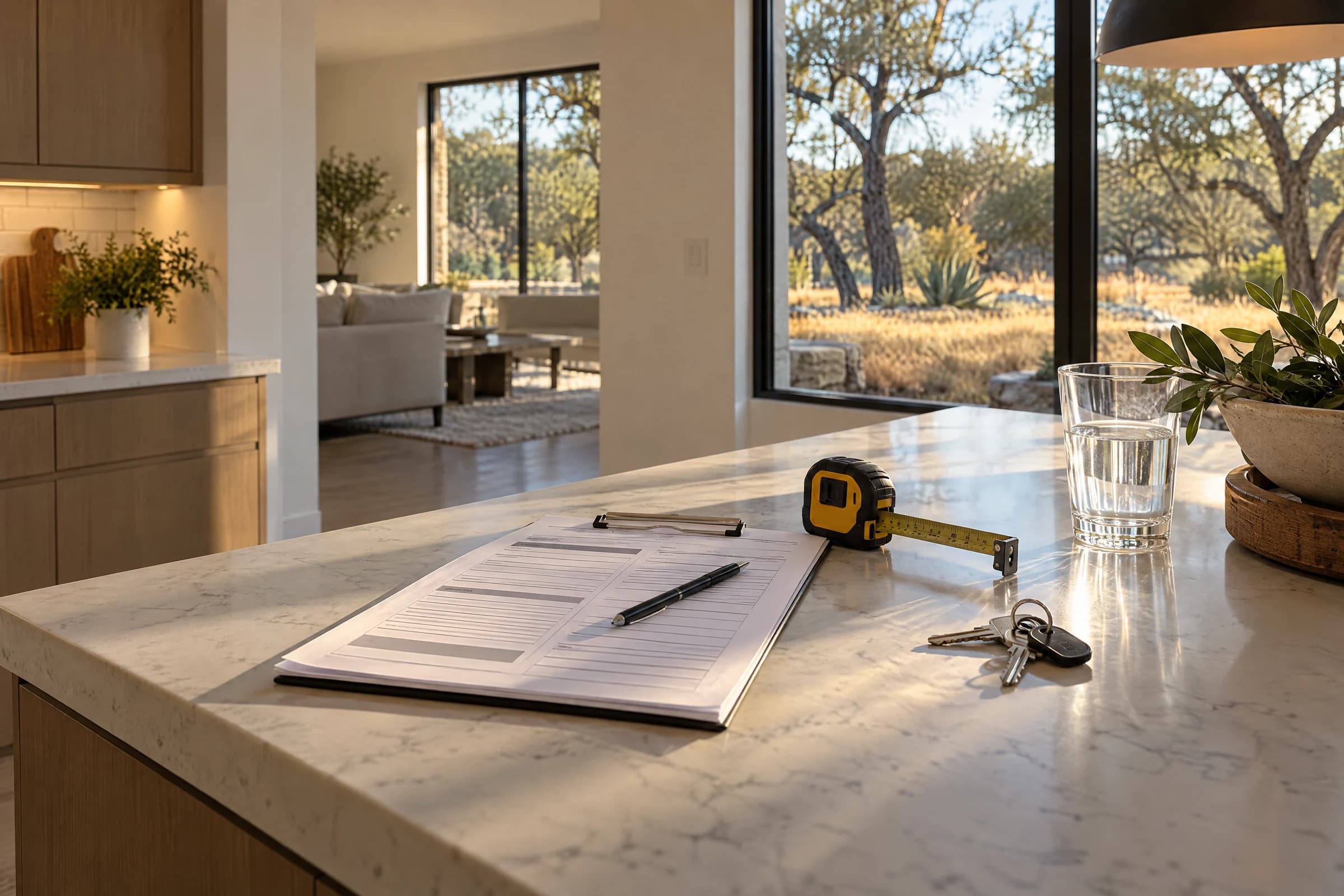 A kitchen island in an empty Austin house during a showing, with a printed report, a tape measure and house keys in late-afternoon light from a window onto a dry lawn