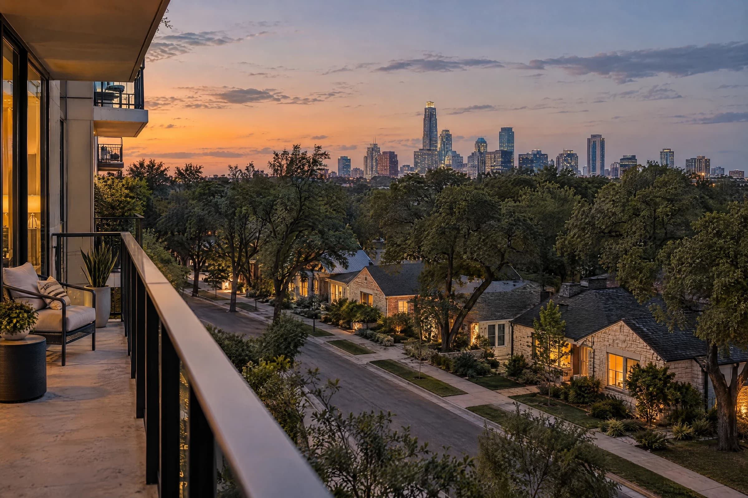 Dusk view from a modern Austin apartment balcony over a street of single-story limestone and brick houses with lit windows under live oaks, a generic downtown skyline in the distance