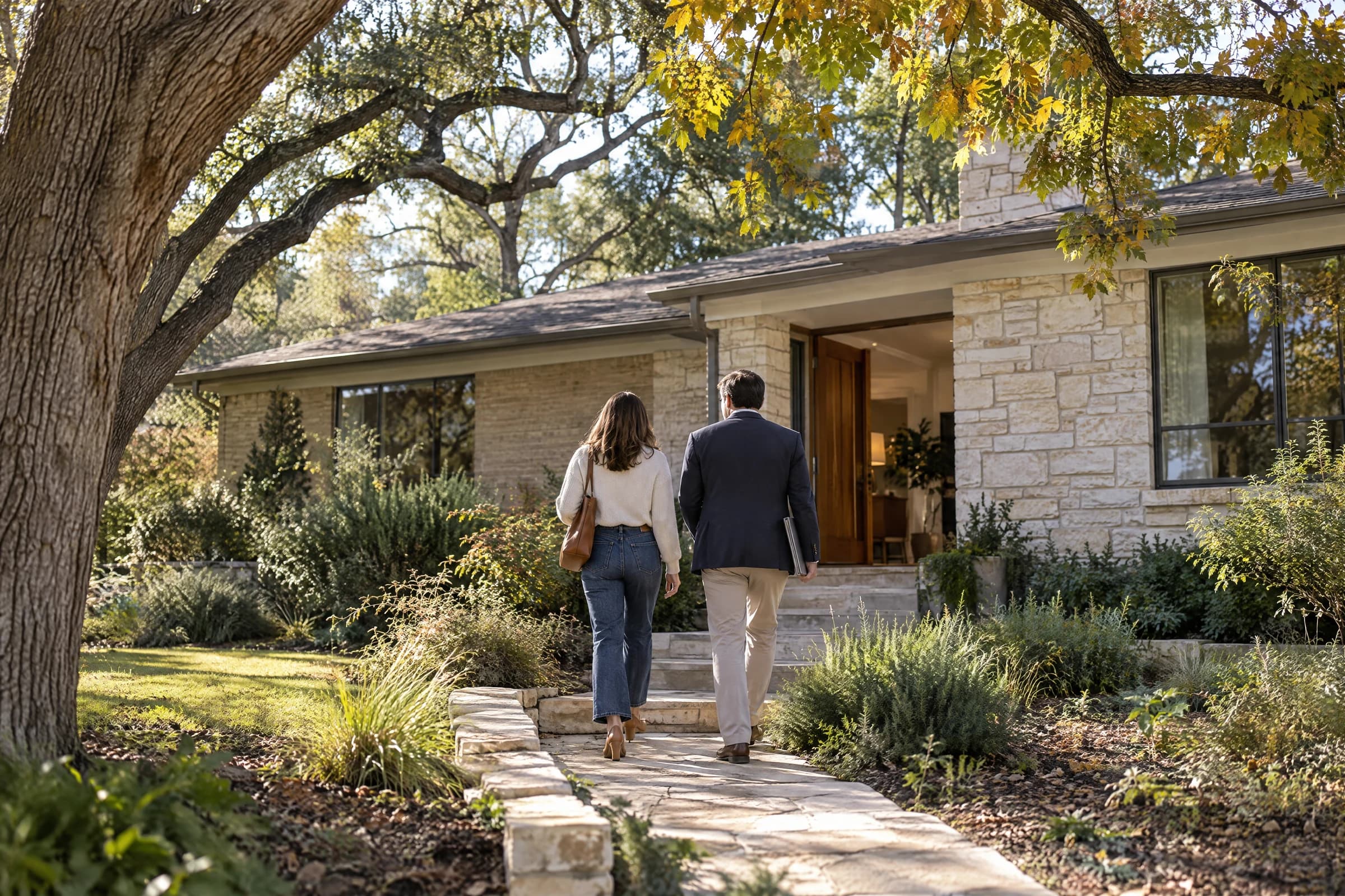 A couple seen from behind walking up the front path of a limestone-and-brick Austin ranch house with its door open on a crisp fall morning, pecan leaves turning under live oaks