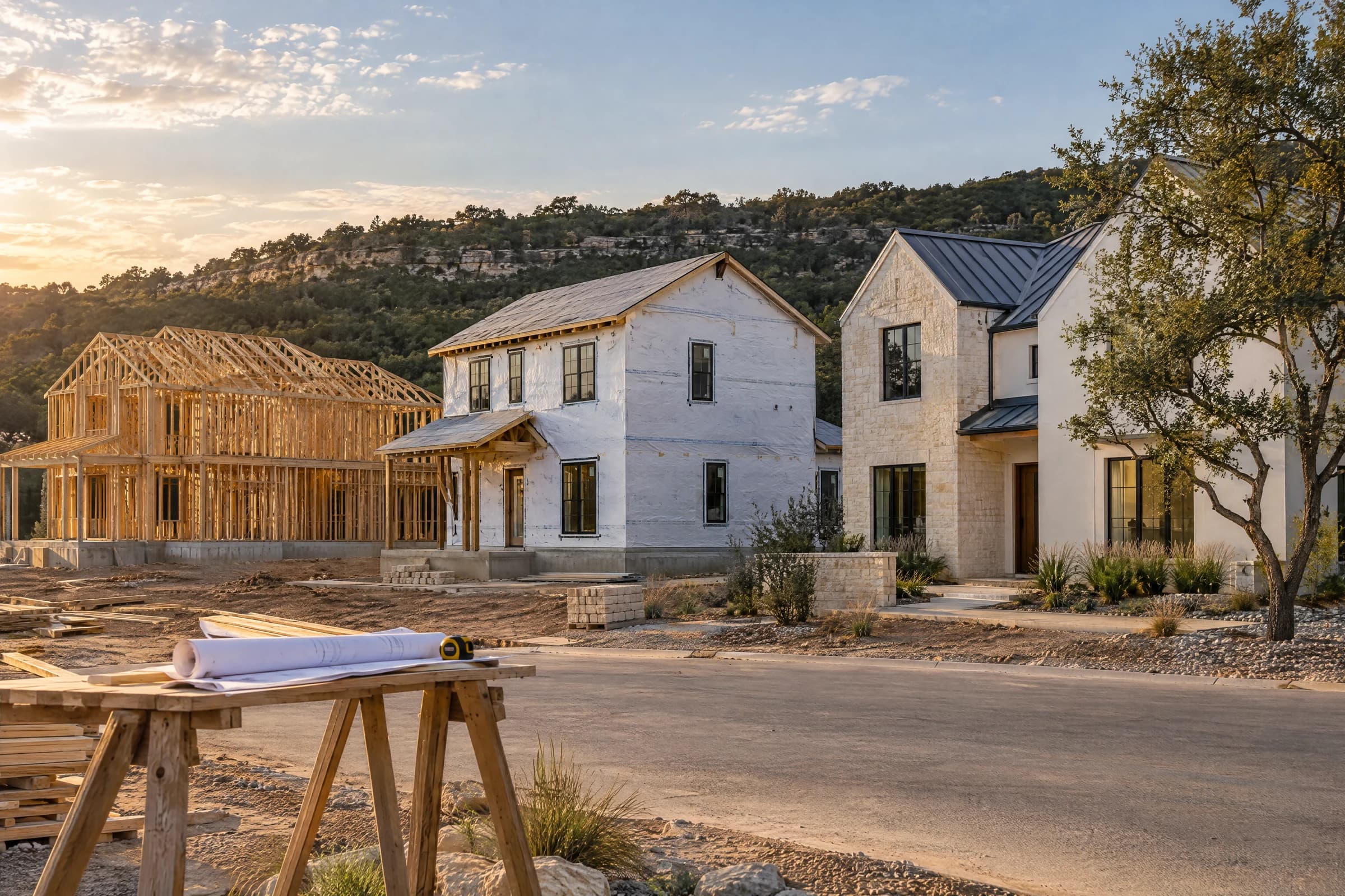Three new houses side by side on a street outside Austin at sunset, one bare timber frame, one in white house wrap and one finished in cream limestone with a metal roof, with rolled plans and a tape measure on a sawhorse in front