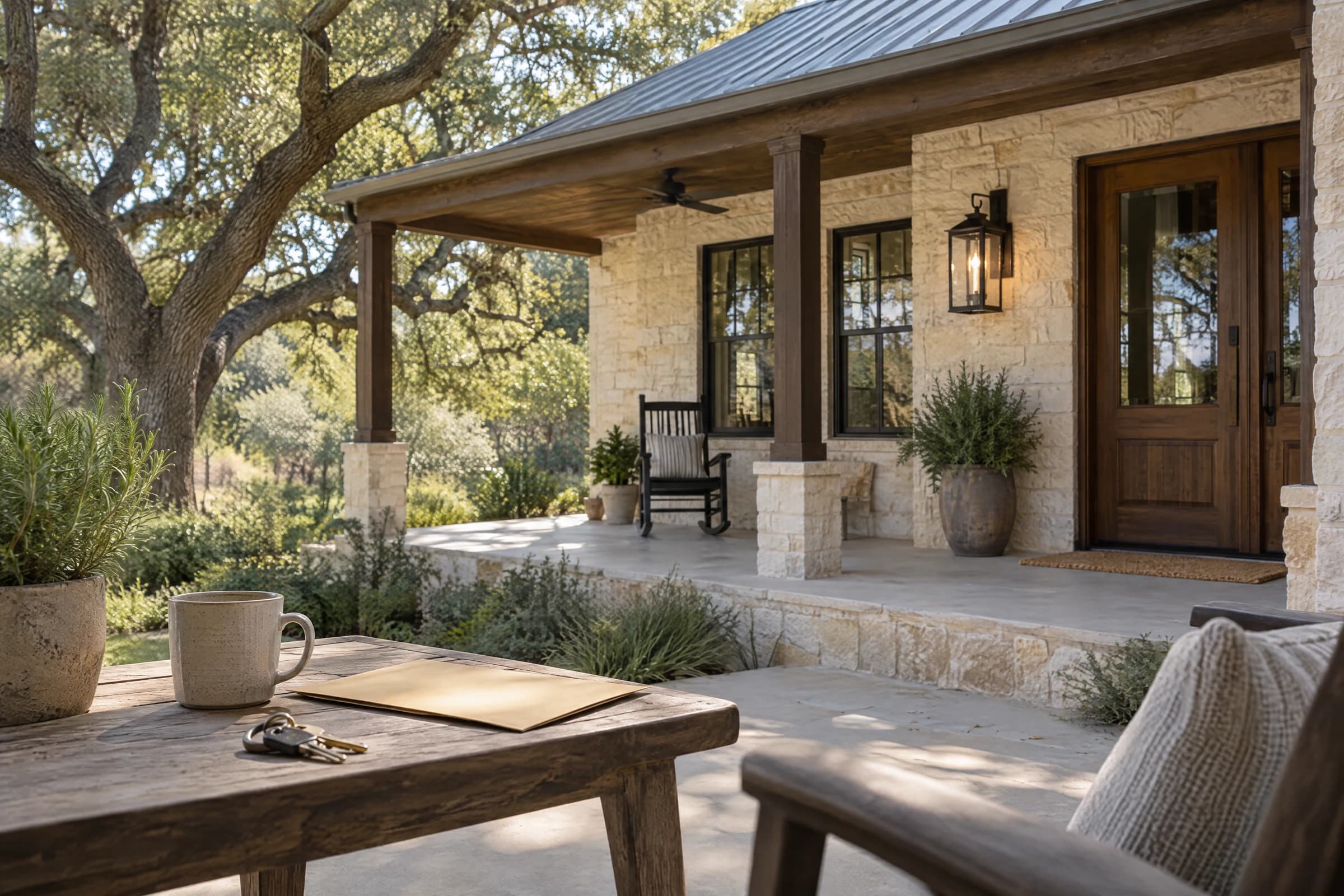 A ring of house keys, a manila envelope and a coffee mug on a weathered table in front of a limestone Austin house with a deep porch, a rocking chair and a live oak