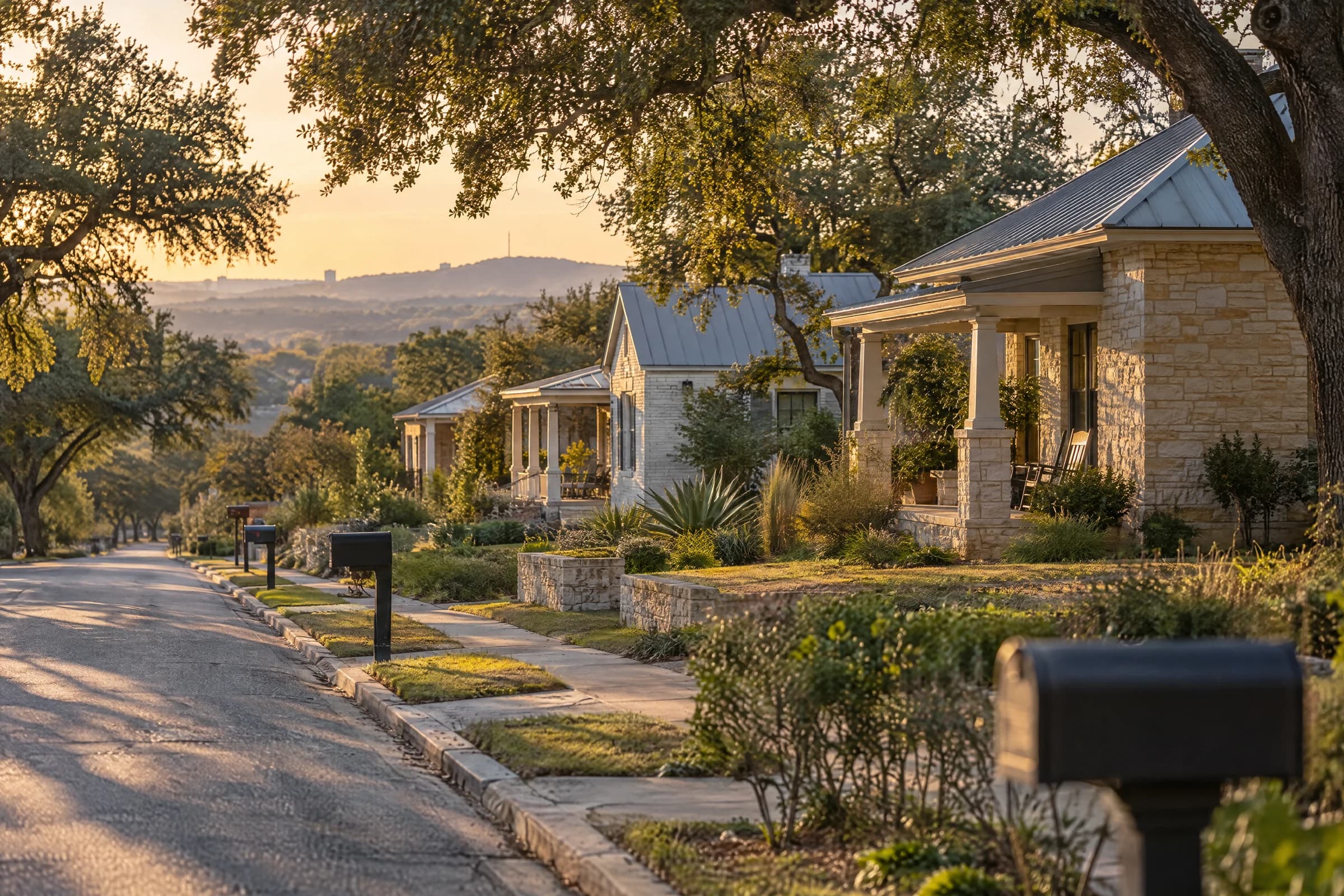 Late sun down a quiet older Austin street of limestone and painted-brick cottages with deep porches and metal roofs, live oak shade over the lawns, curbside mailboxes and a Hill Country ridge in the haze