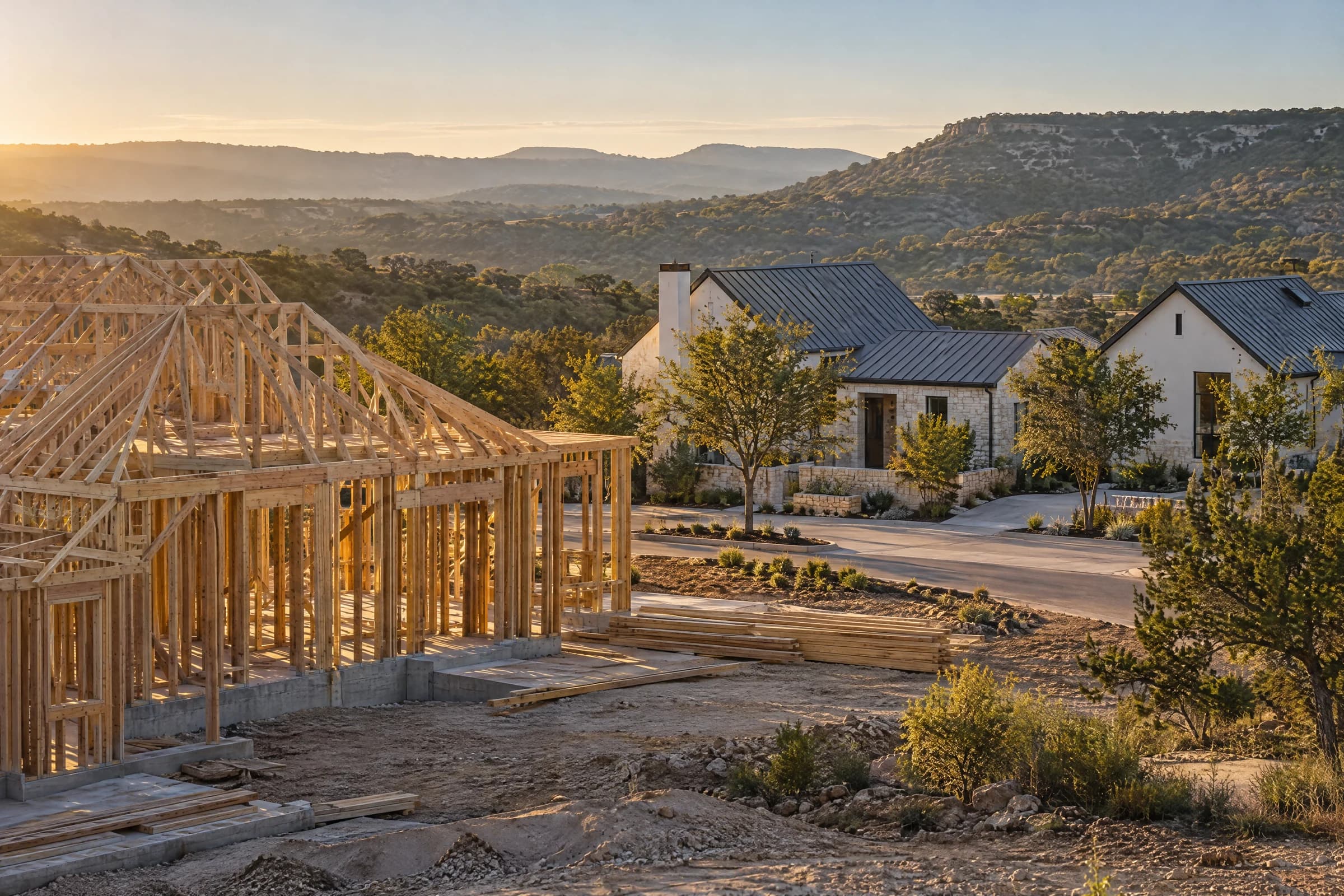 Fresh timber framing on a concrete slab beside finished limestone and white stucco homes with metal roofs and young live oaks, Hill Country ridges at sunrise
