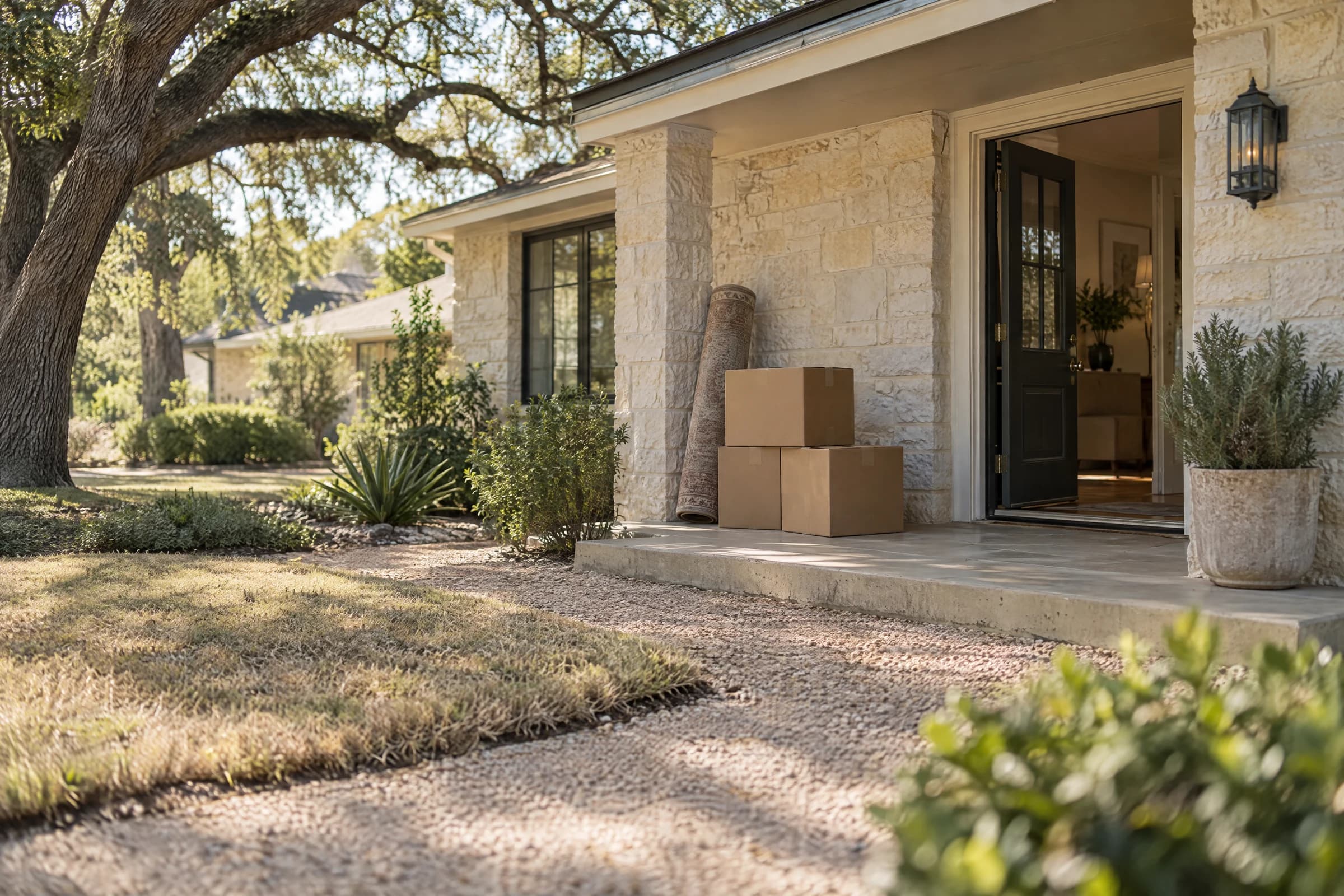 Cardboard moving boxes and a rolled rug on the front porch of a pale limestone ranch house in an established Austin neighborhood, the door open and a live oak shading the lawn