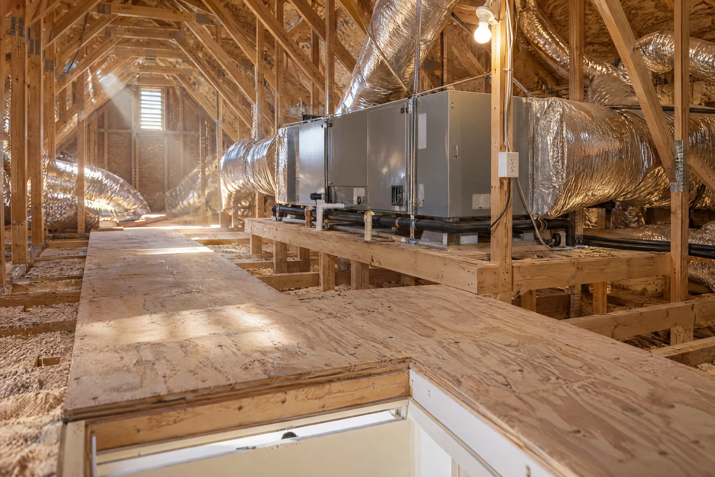 Attic of a new house near Austin with an HVAC air handler on a raised work platform, a plywood catwalk from the attic opening, insulated ducts between roof trusses, and a light and outlet mounted beside the unit