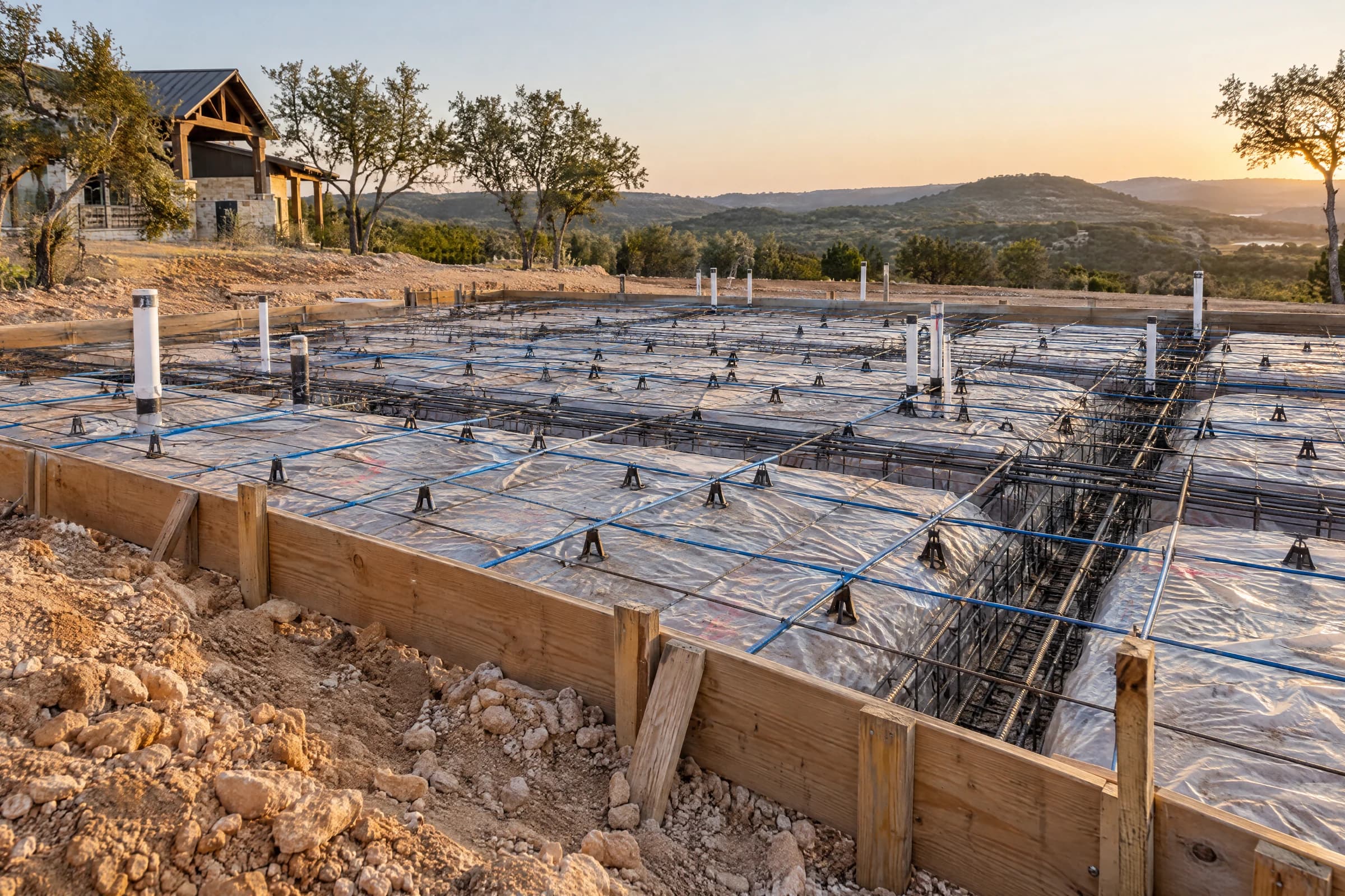 Steel reinforcement, post-tension cables and capped plumbing stubs over plastic vapor barrier inside wooden forms on a new homesite outside Austin, ready for a pre-pour inspection before the slab is poured, with live oaks and a Hill Country ridge at sunset