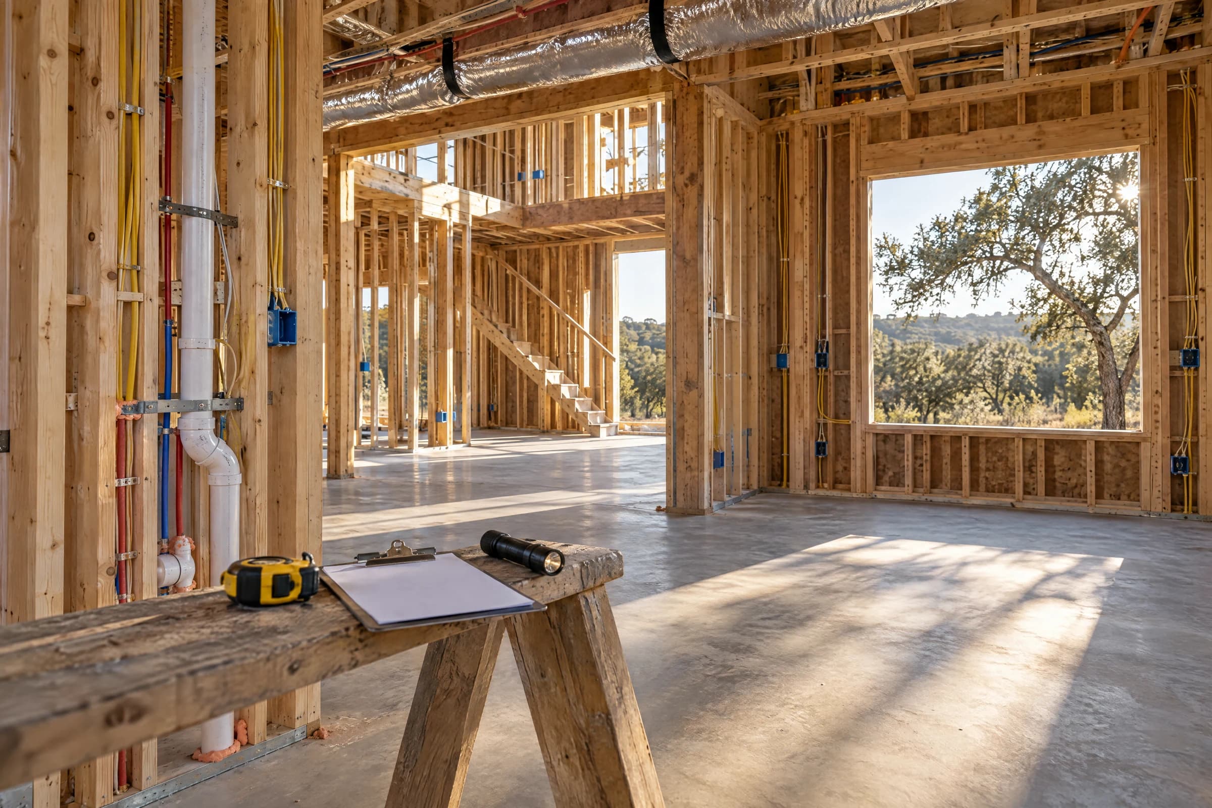 Inside a new two-story house outside Austin before drywall, with open timber studs, wiring stapled to the framing, water and drain lines, an insulated duct overhead, and a clipboard, tape measure and flashlight on a sawhorse in morning light from a window facing live oaks