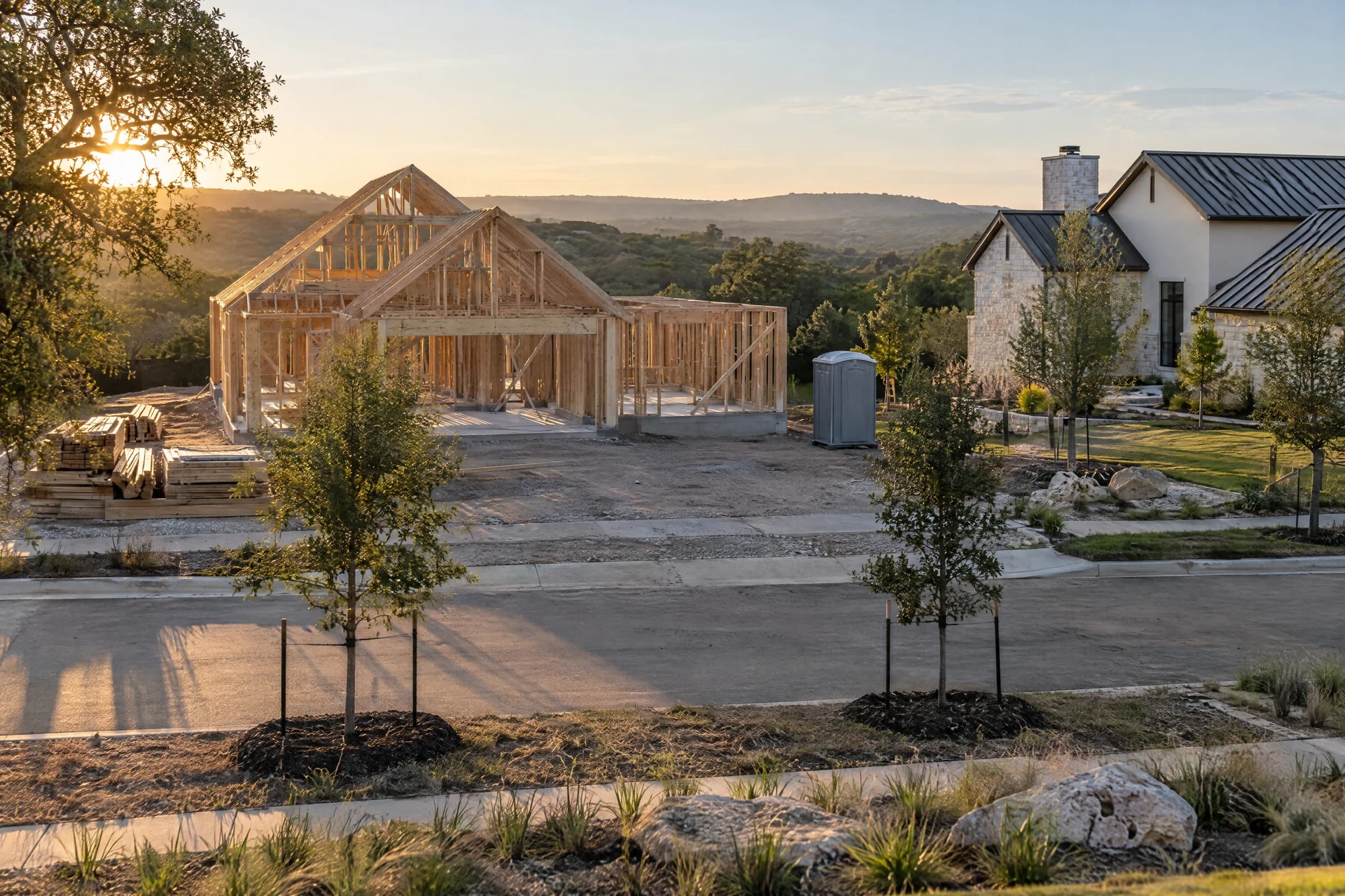 A house in timber framing on a poured slab at first light on a new Williamson County lot, stacked lumber beside it and a finished limestone-and-stucco house with a standing-seam roof next door