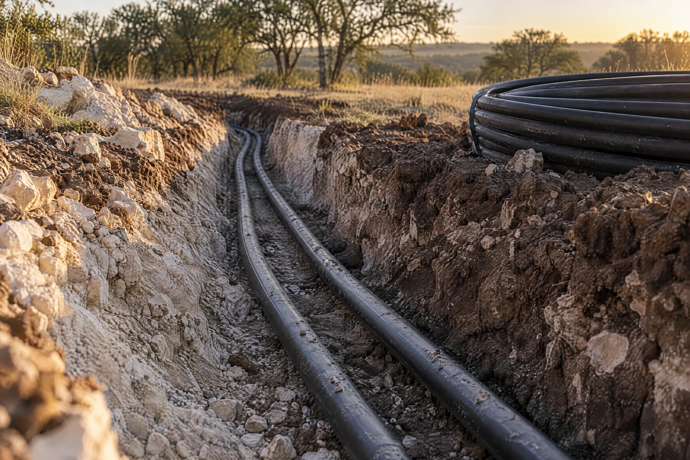Two black plastic geothermal loop pipes running down a freshly dug trench of pale caliche and dark clay, with a coil of spare pipe on the bank and live oaks in low morning light