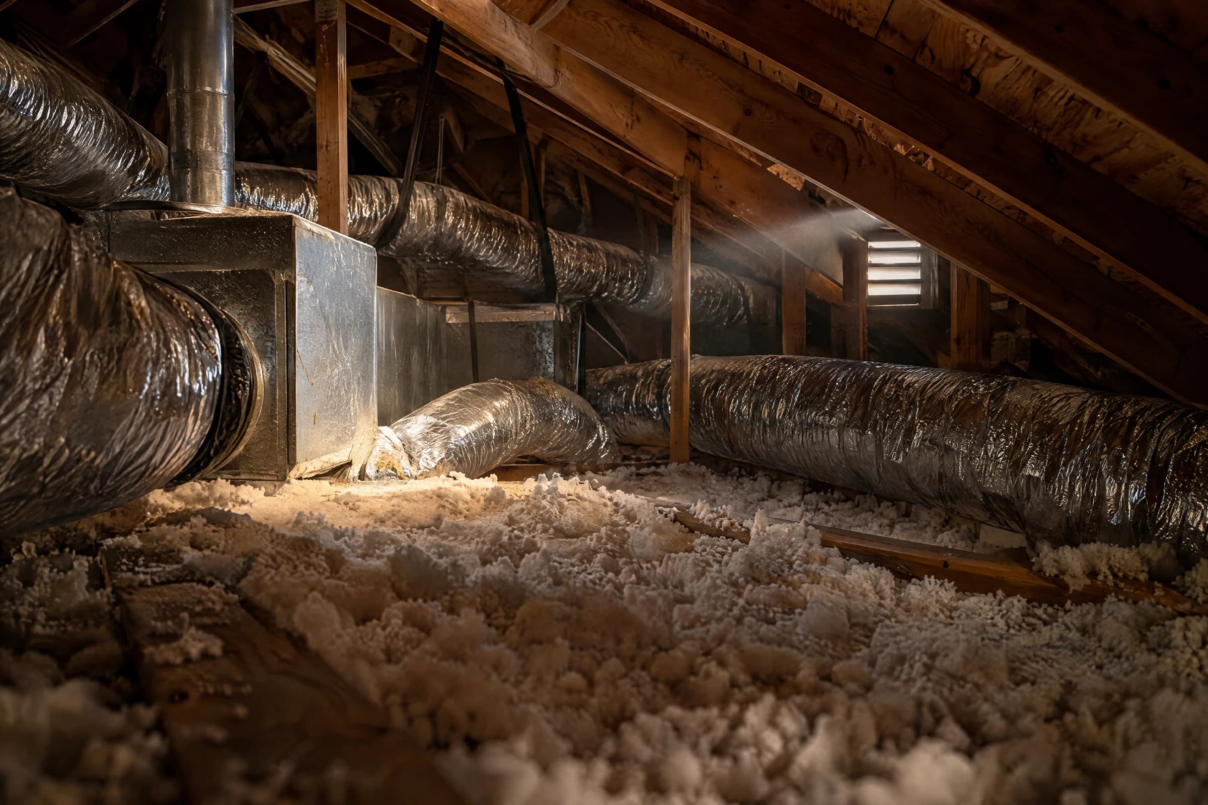 Flashlight beam across blown-in insulation, silver flex ducts and an HVAC plenum in the attic of an older Austin house, with daylight at a gable vent