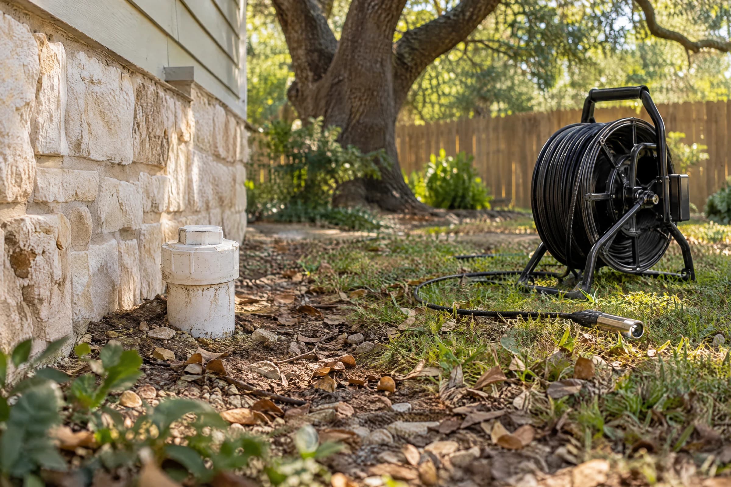 A white sewer cleanout cap beside the limestone skirt of an older Austin house, with a sewer camera reel and cable on the grass under a live oak