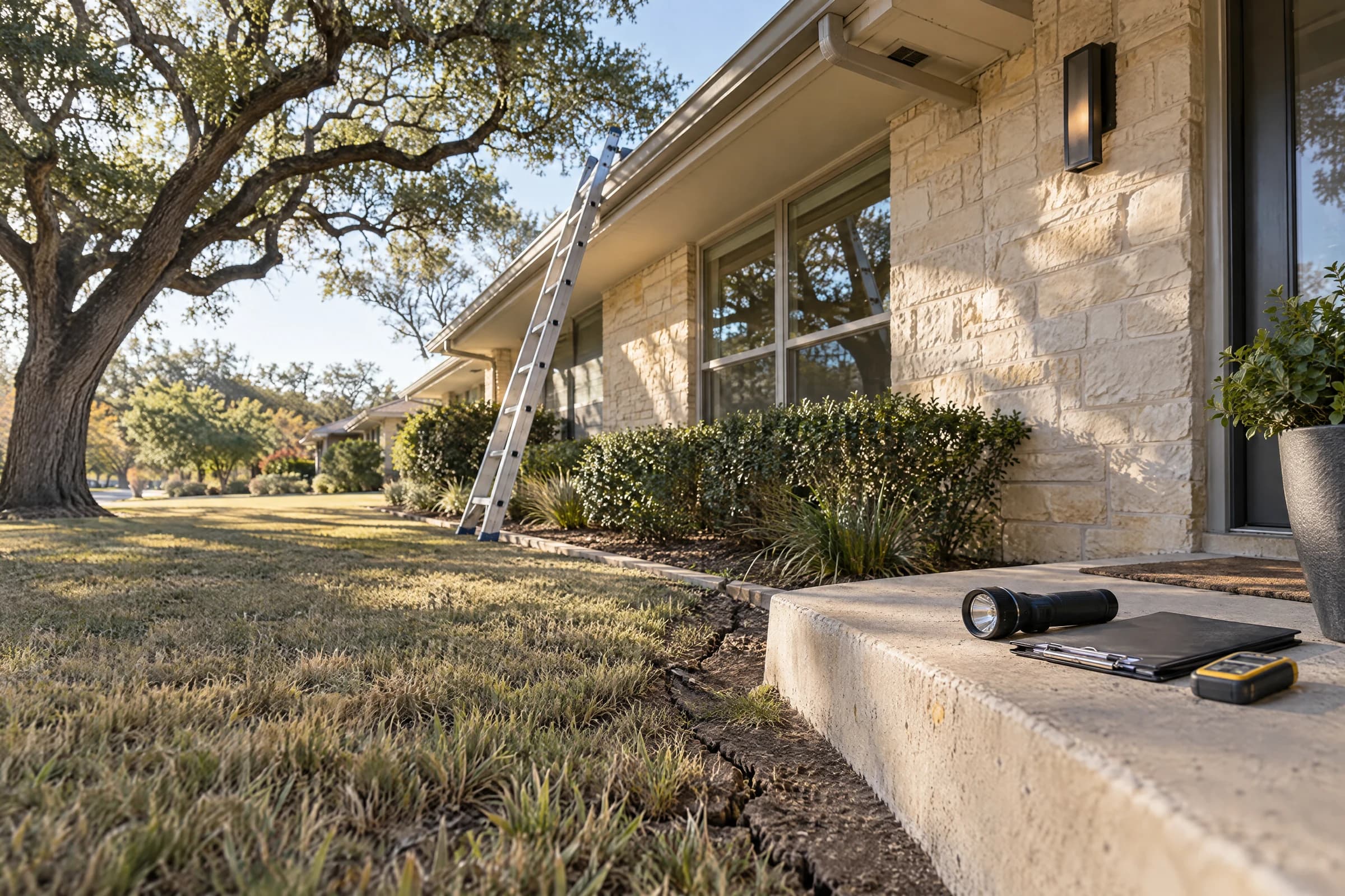 An inspector's ladder against the eave of a 1960s Austin limestone ranch house, with a flashlight, clipboard and moisture meter on the front step and dry clay soil cracked along the slab edge