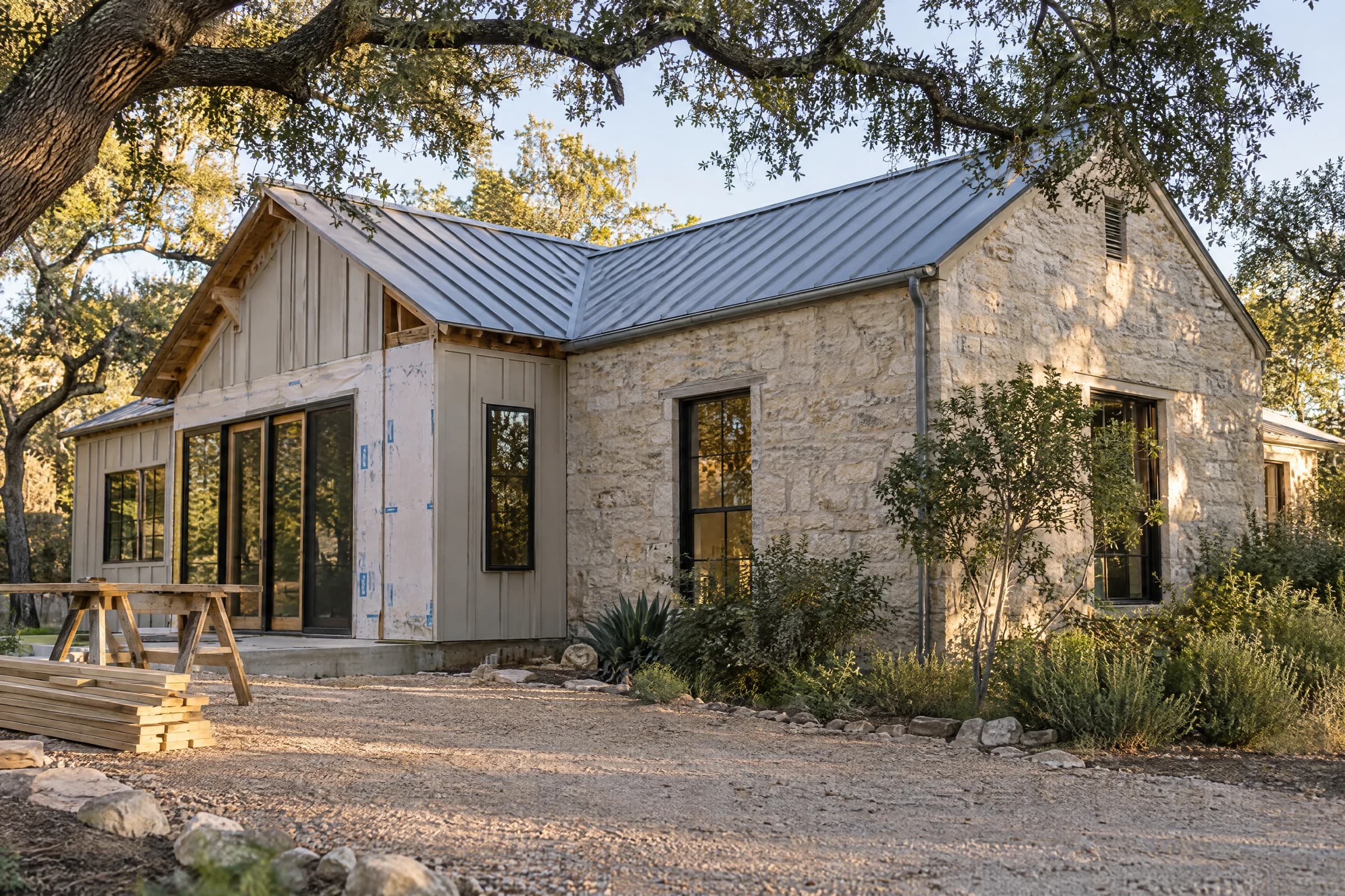 A new board-and-batten addition with a standing-seam roof joining the pale limestone wall of an older single-story Austin cottage under a live oak