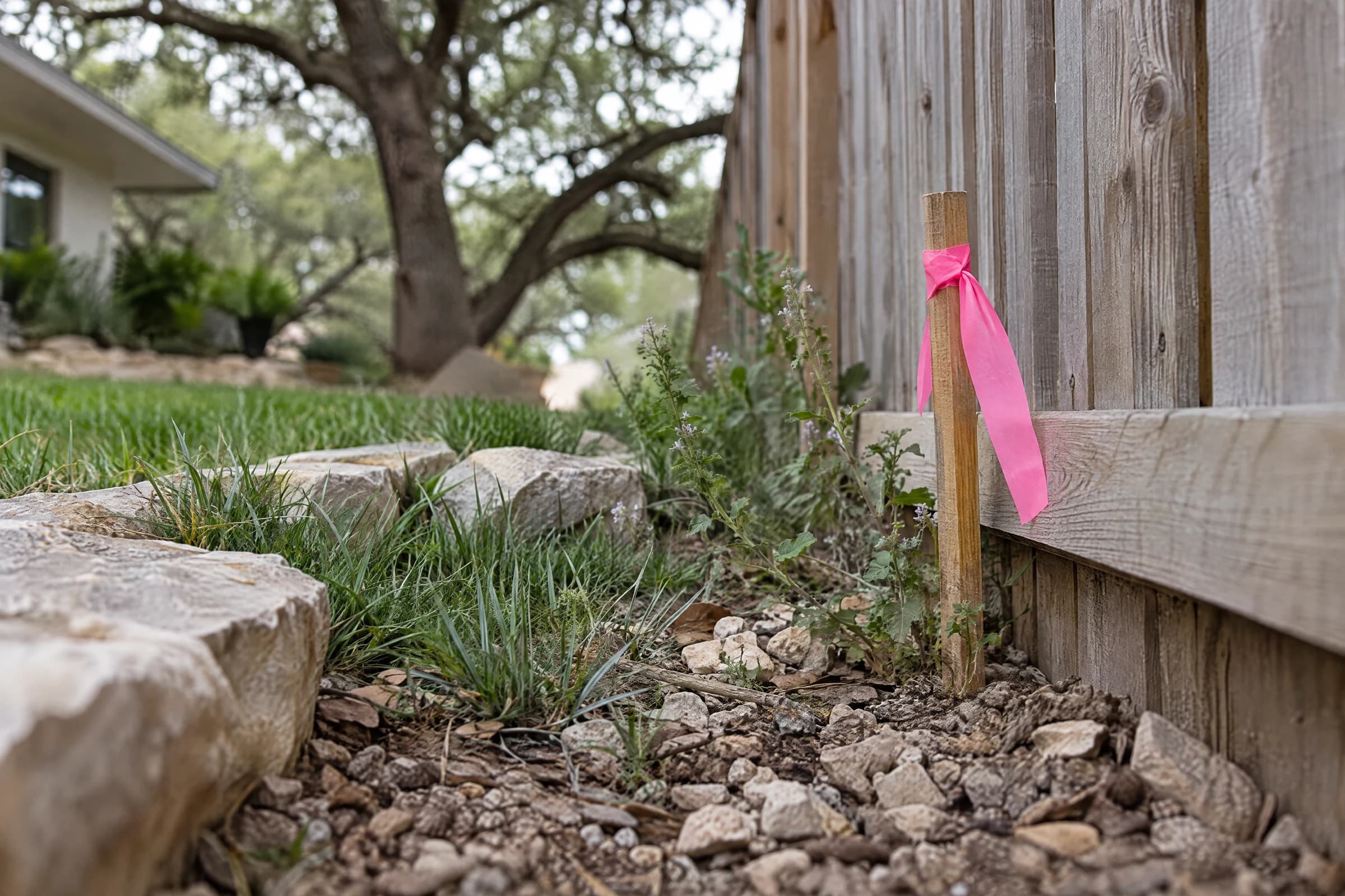 A wooden survey stake with pink flagging tape in rocky caliche soil at the foot of a cedar picket fence between two Austin back yards