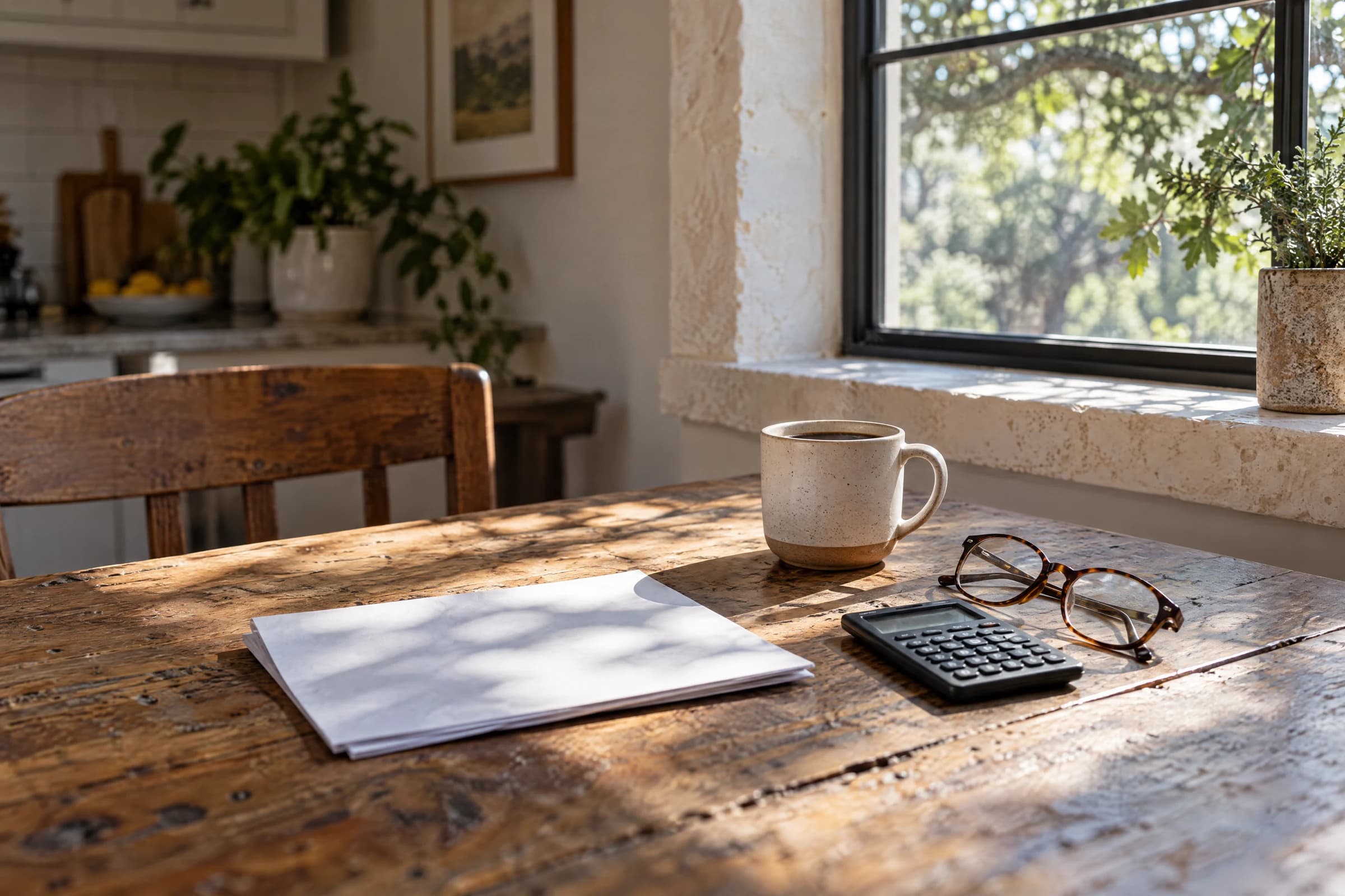 Morning light on a kitchen table in an Austin bungalow, with a folded statement, a calculator, reading glasses and a coffee mug beside a limestone windowsill
