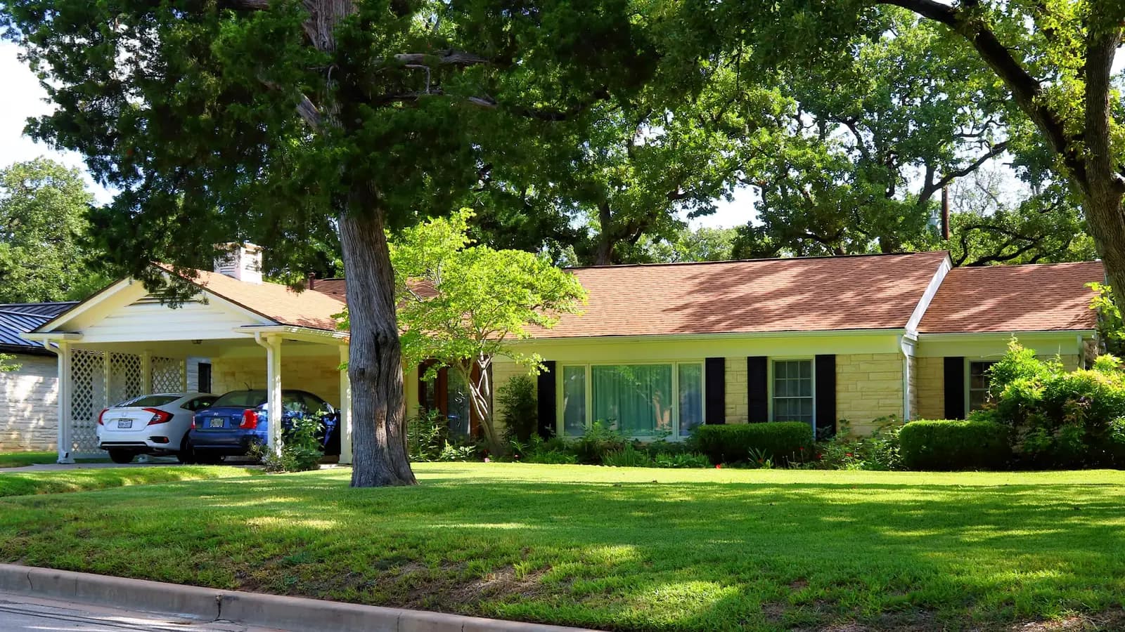 A low mid-century Austin house beneath mature trees